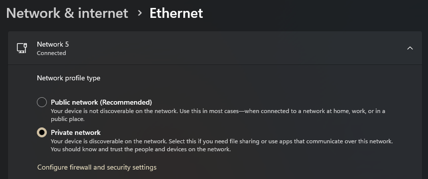 Enable private network in Windows